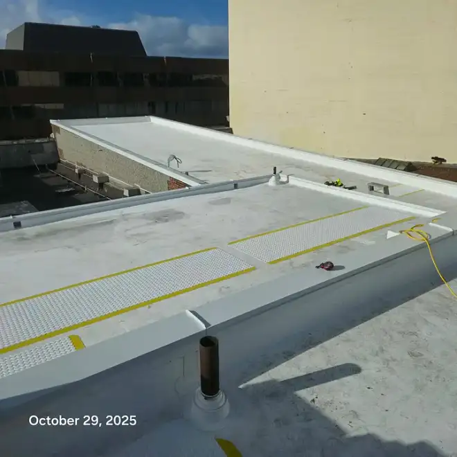 A commercial flat roof replacement carried out by Leading Edge Roofing.
